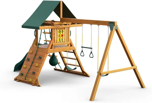 Vista 10 de Gorilla Playsets 01-1059-AP Juego de columpios de madera de punto alto con toldo de vinilo verde, dos columpios, pared de escalada en roca, tobogán