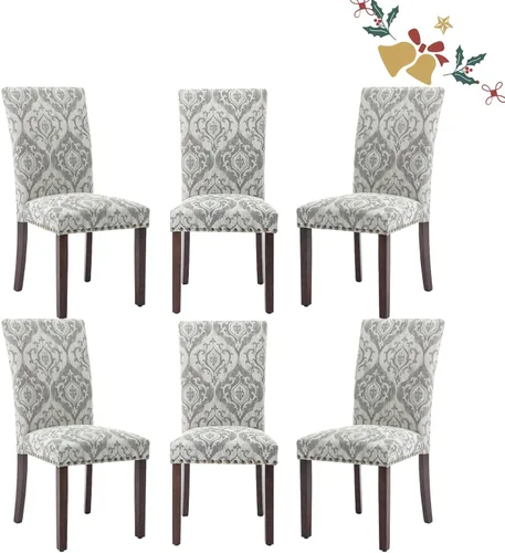 Vista 35 de Juego de 2 sillas tapizadas de tela para comedor, sillas de cocina estilo Parsons con ribete de cabeza de clavo y patas de madera - Beige