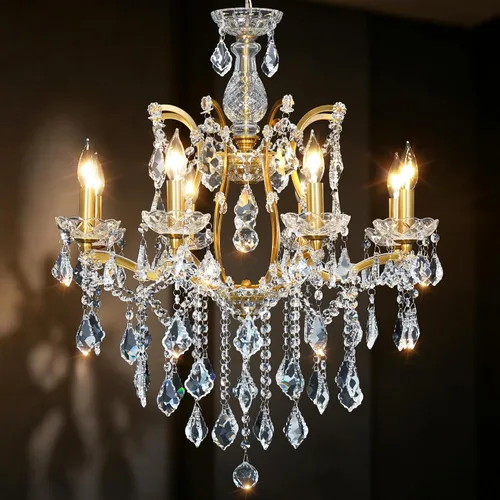 Vista 11 de Candelabros de cristal de bronce antiguo de lujo con lámpara colgante de vela, lámpara de techo de 6 luces de cristal dorado para comedor, sala