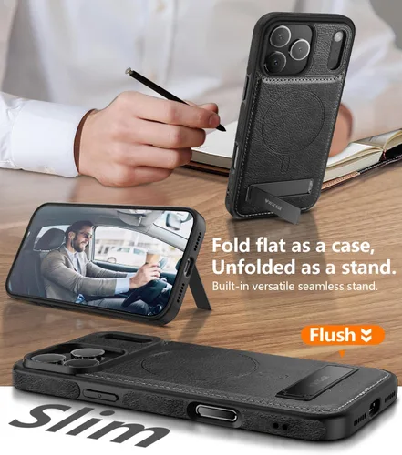 Vista 3 de WTCASE Funda magnética de piel para iPhone 17 Pro, soporte invisible integrado [compatible con Magsafe], funda protectora delgada con función atril