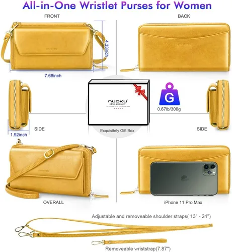 Vista 4 de nuoku Cartera RFID para mujer, bolso cruzado con cremallera alrededor de 2 correas