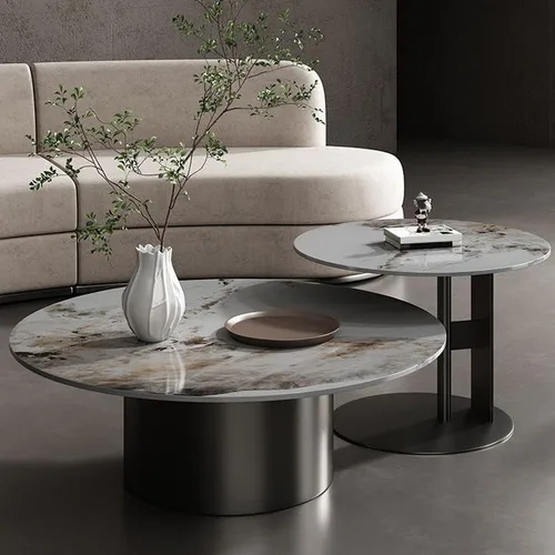 Vista 4 de Mesa auxiliar, mesa de centro redonda de estilo glamuroso de mediados de siglo con base de pedestal de acero, mesa central para sala de estar, mesa