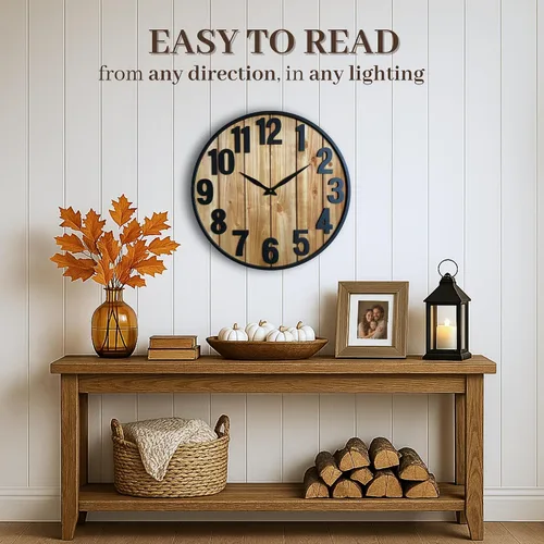 Vista 4 de Montoire Reloj de pared de granja de madera de 24 pulgadas, extra grande para decoración de sala de estar - Grandes relojes rústicos redondos