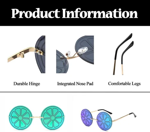 Vista 4 de LJCZKA Lentes de sol con espejo de limón para mujeres y hombres, gafas redondas sin montura de moda, únicas y creativas para fiestas, festivales