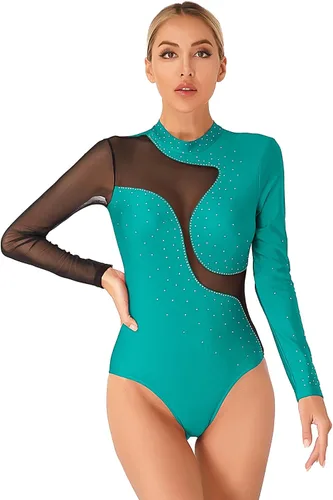 Vista 21 de iiniim Leotardo de malla para mujer, con diamantes de imitación, de malla, de manga larga, leotardos de gimnasia