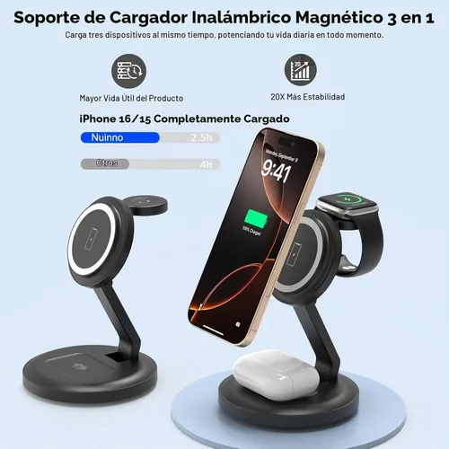 Vista 2 de Estación de carga, cargador inalámbrico plegable 3 en 1, estación de carga para iPhone, soporte para múltiples dispositivos para Apple