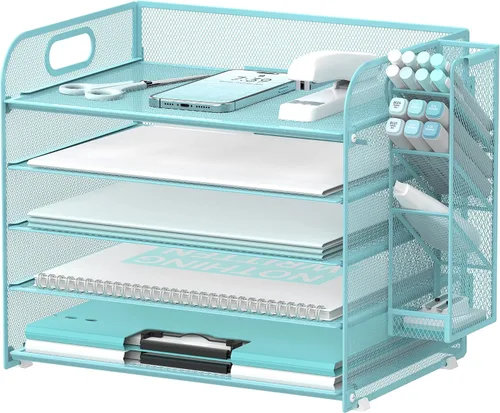 Vista 11 de SUPEASY Organizador de escritorio de 5 niveles con asa y soportes extraíbles para bolígrafos, organizador de papel de malla/archivos para Negro