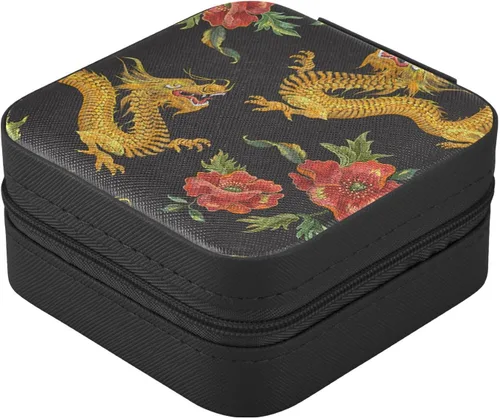 Vista 3 de Joyero pequeño con diseño étnico de dragones y rosas dorados, mini joyero, organizador de joyas de viaje para mujer