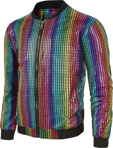 Vista 3 de WULFUL Chaqueta de bombardero Varsity para niños, disfraz de discoteca de los años 70, chaquetas metálicas de lentejuelas