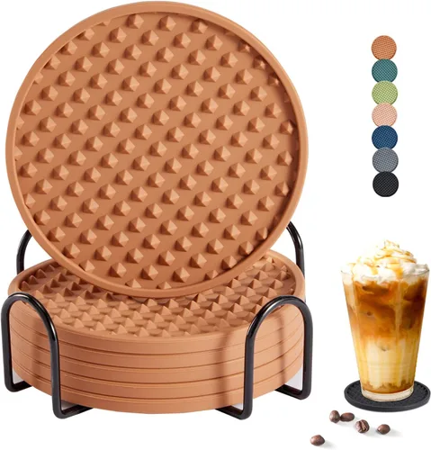 Vista 9 de Coga Juego de 6 posavasos con soporte, posavasos de silicona para cualquier tipo de mesa, mesas de madera, piedra, aptos para lavavajillas Paquete