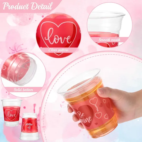 Vista 3 de Meanplan 100 vasos de plástico de San Valentín de 12 onzas a granel, vasos de San Valentín a granel, vasos de corazón rosa, suministros de fiesta