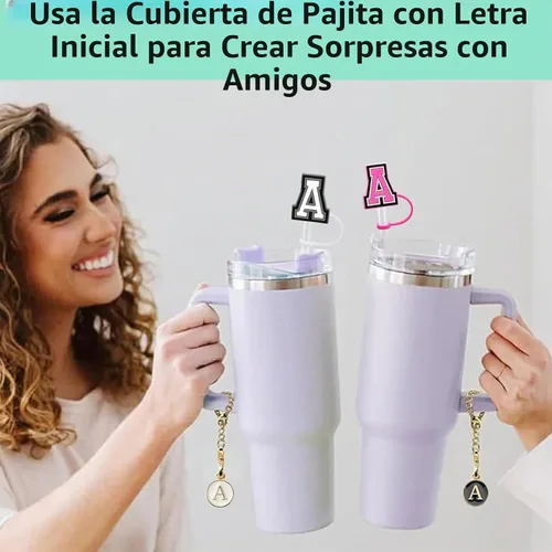 Vista 4 de Haundry 4 tapas de popote para copa Stanley de 30 onzas, 40 onzas, inicial, con 2 dijes de letras, accesorios para dije de identificación con nombre