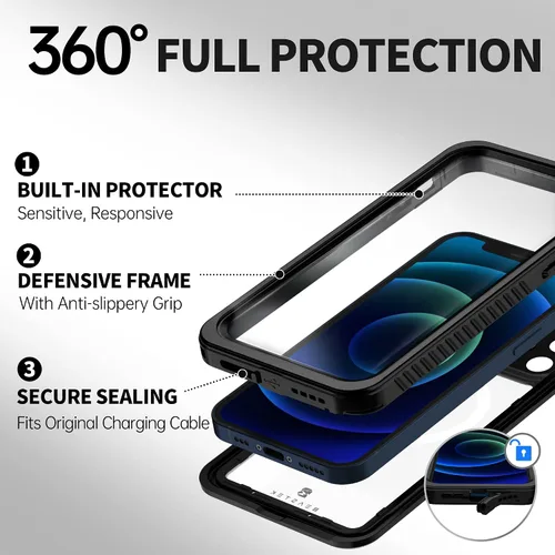 Vista 4 de BEASTEK Funda impermeable para iPhone 12, serie FSN IP68 magnética a prueba de golpes con protector de pantalla integrado y funda protectora Negro