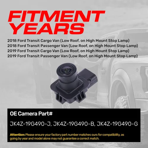 Vista 2 de Master Tailgaters Repuesto para Ford Transit Passenger/Cargo Van (2018-2019) Cámara de respaldo OE Parte # JK4Z-19G490-J, JK4Z-19G490-B