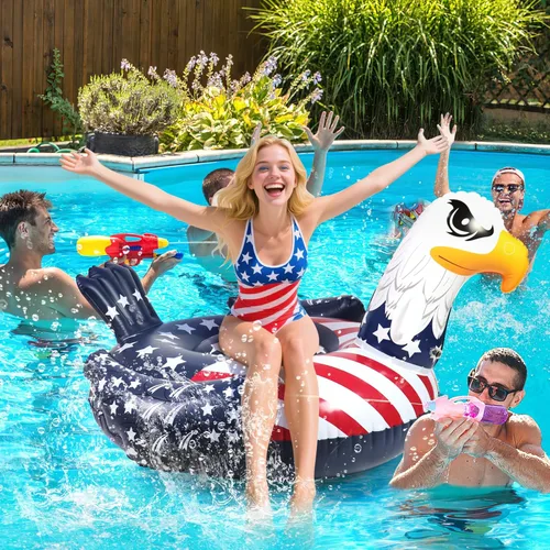 Vista 5 de Flotador patriótico de la bandera estadounidense águila para piscina, flotadores de piscina del 4 de julio, divertido animal de pájaro calvo águila