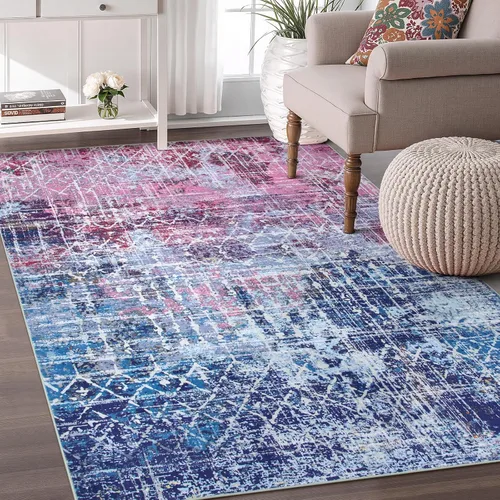 Vista 13 de Zealude Alfombra abstracta lavable para sala de estar, de 5 x 7 pies, color verde azulado y naranja, alfombra bohemia antideslizante, moderna