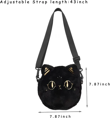 Vista 3 de GADMEXILY Bolso de peluche para niñas con diseño de gato negro, con correa ajustable, para el hombro, para mujeres y adultos, Negro, Women