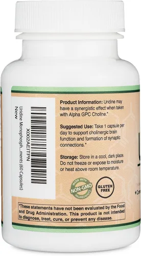 Vista 4 de Uridina monofosfato - Testado por terceros (potenciador de colina, nootrópico para principiantes) (300 mg, 60 cápsulas) Sinergia con Alfa GPC colina
