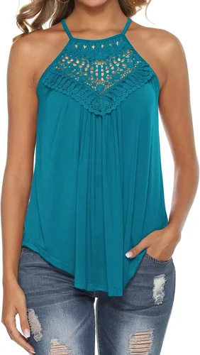Vista 12 de Bluetime Halter Tops Women Sleeveless Crochet Flowy Cute Summer Tank Tops Negro