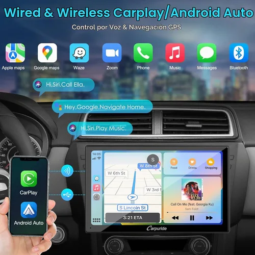 Vista 2 de Carpuride - Estéreo de coche de doble DIN de 9 pulgadas con CarPlay y radio de auto Android Auto
