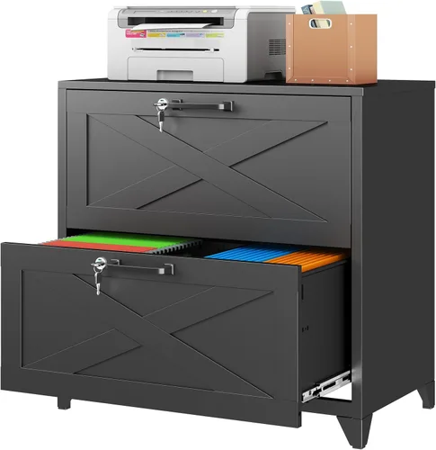 Vista 14 de Archivador de metal con 2 cajones con cerradura, gabinete archivador con soporte para impresora móvil y estantes para archivos de tamaño Negro