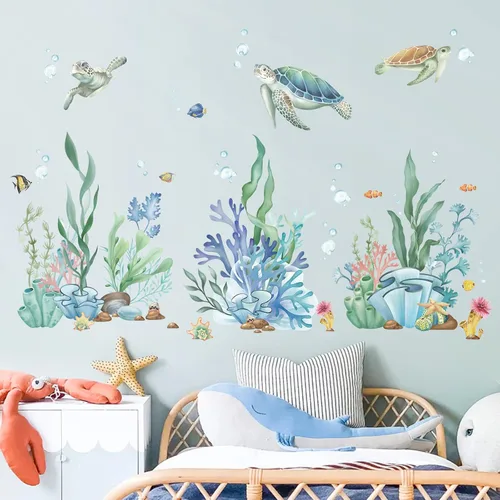 Vista 3 de wondever Calcomanías de pared de hierba de algas marinas, tortugas bajo el mar, calcomanías de arte de pared para bebé, cuarto de bebé, dormitorio