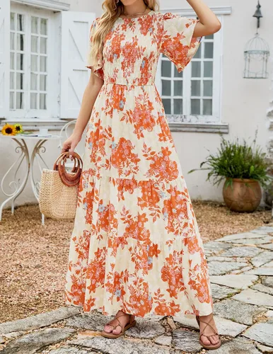 Vista 9 de ZESICA Vestido largo casual de verano para mujer, con estampado floral, manga corta con vuelo, cuello redondo, cintura alta fruncida