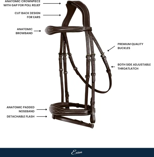 Vista 2 de Exion Jumping Flash Brida inglesa con pieza de corona ergonómica, acolchado suave, diseño anatómico, banda nasal elegante y riendas de goma