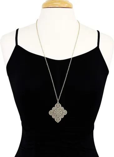 Vista 8 de POMINA Collar largo con colgante de filigrana floral geométrico dorado, suéter de moda casual simple, collar largo de cadena de oro para mujer