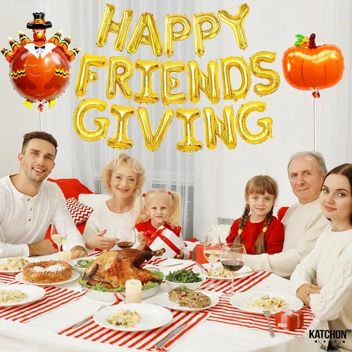 Vista 7 de KatchOn Juego de globos y pancartas de Happy Friendsgiving – Grande de 16 pulgadas, paquete de 3 Globos de pavo y calabaza Cartel de regalo