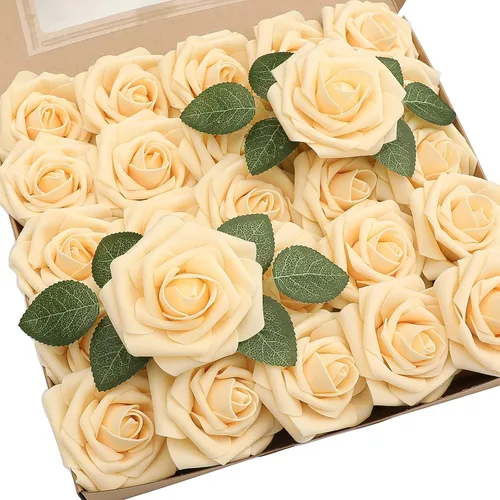 Vista 40 de Floroom Flores artificiales, 25 piezas de rosas falsas de espuma dorada antigua de aspecto real con tallos para ramos de boda DIY, centros de mesa