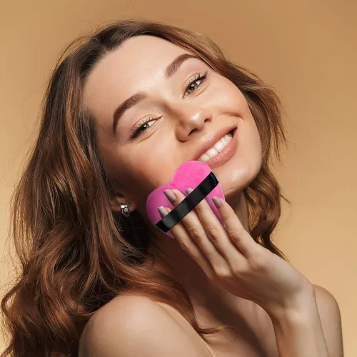 Vista 6 de OIIKI 4 esponjas de maquillaje, esponja de algodón en polvo, para herramientas de maquillaje, licuadora, en forma de amor con correa