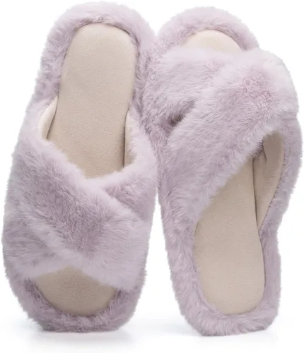 Vista 11 de Pantuflas mullidas para mujer, con banda cruzada, zapatos de casa para mujer, espuma viscoelástica, puntera abierta, silenciosas