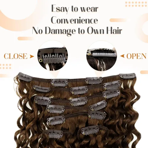 Vista 36 de Hetto . Extensiones de cabello humano rizado con clip, color #1 negro azabache, extensiones de cabello humano ondulado natural para cabeza completa