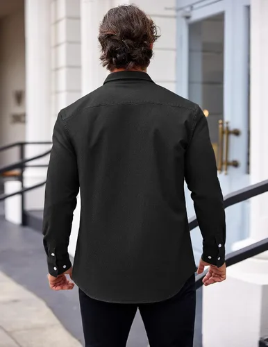 Vista 4 de COOFANDY Camisa vaquera de manga larga con botones para hombre, camisa de trabajo occidental