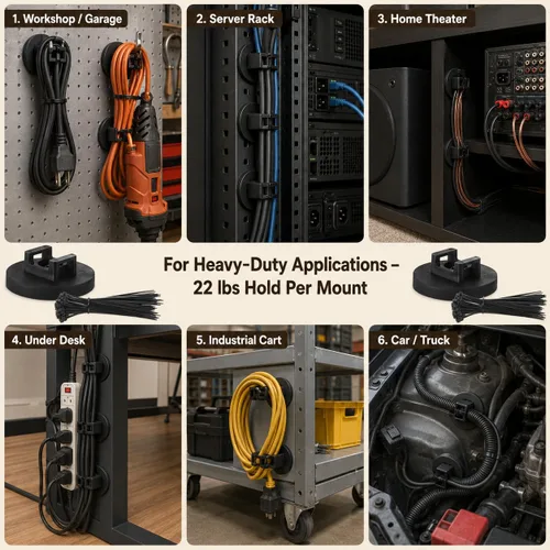 Vista 7 de Soportes magnéticos para bridas de cables, 12 bases magnéticas con 100 bridas para cables, organizador de gestión de cables multiusos para Negro