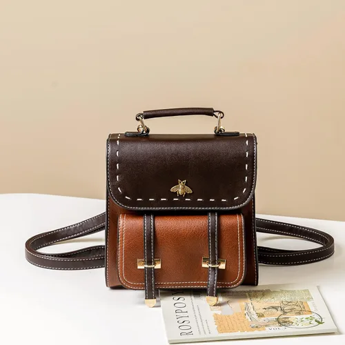 Vista 6 de KOOIJNKO Mochila pequeña de moda para mujer, estilo retro, estilo casual, diseño de contraste de color, Marrón, Mochilas Daypack