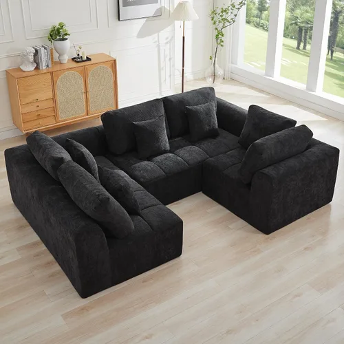 Vista 22 de Sofás seccionales modulares de 110 pulgadas para sala de estar, sofá seccional comprimido sin hueso, sofá de espuma viscoelástica tapizado de 3 Beige