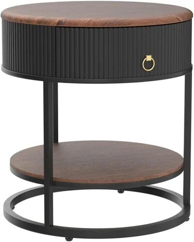 Vista 5 de OIOG - Mesa auxiliar redonda con cajón, mesa auxiliar moderna de madera con estante, mesa de noche de 2 niveles con cajón para sala de estar Negro