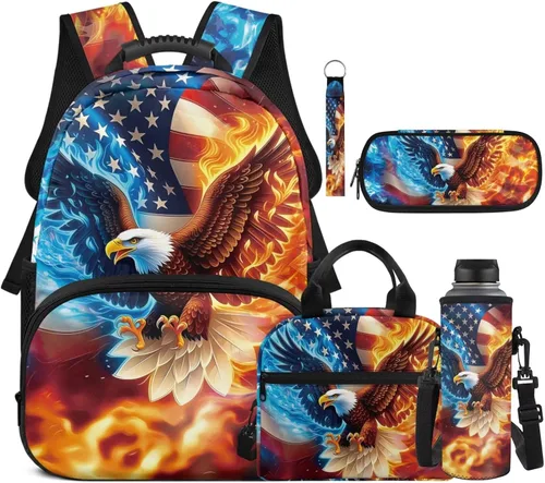 Vista 7 de Bulopur Eagle American Flag Print Kids Backpack Boys Elementary School 17 Inch Bookbag With Lunch Bag Water Bottle Holder Keychain Pencil Case 5