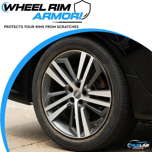 Vista 3 de True Line Automotive Protector de llanta para ruedas de coche (negro brillante), protector de rueda en forma de L, cinta adhesiva 3M