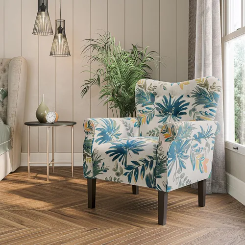 Vista 10 de BELLEZE Silla decorativa moderna, sillón de respaldo alto, silla lateral tapizada con respaldo alado, sofá individual acolchado con patas de madera