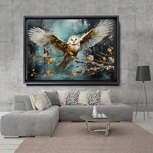 Vista 3 de Flying owl with trees, leaves, forest double exposure, nature animal, owl illusion art, wrapped framed canvas print, office wall art