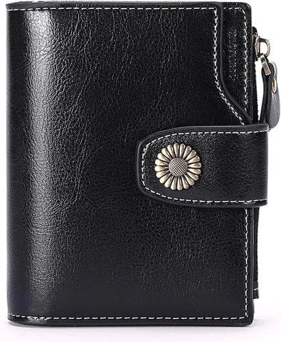Vista 15 de FALAN MULE Cartera pequeña para mujer, de piel, plegable, compacta, pequeña, con bloqueo RFID, amarillo, antiguo (Antique Yellow), Cartera Rfid
