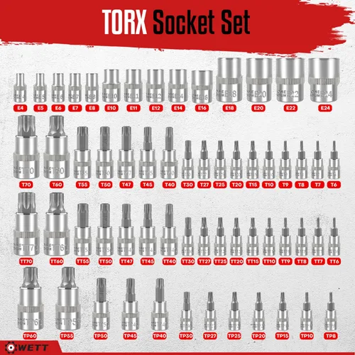 Vista 2 de WETT Master Torx Bit Socket y Juego de Enchufe Torx Externo, Juego de 60 Piezas de 1/4", 3/8", 1/2" de Unidades de Enchufes de Broca E-Torx