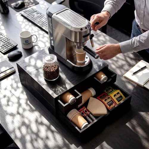 Vista 6 de Caja de té de café con cajón de madera para cápsulas, cuádruple, Negro