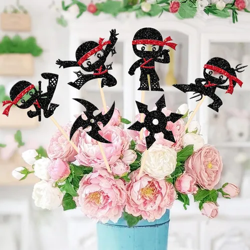 Vista 3 de 12 piezas de centros de mesa ninja de doble cara, dardos de artes marciales, karate, kung fu, guerreros, centros de mesa de flores para temática