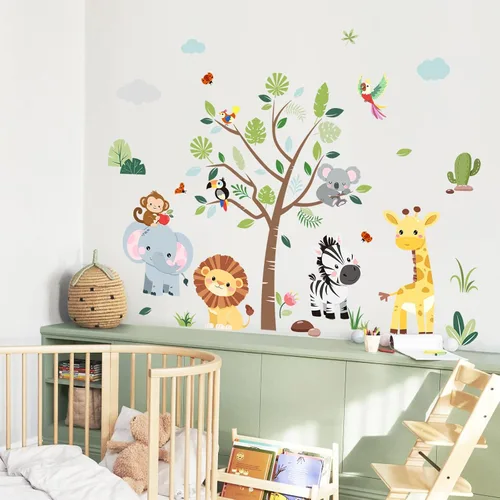Vista 5 de Calcomanías de pared de animales de la selva, elefante, jirafa, león, cebra, calcomanías de pared para niños, dormitorio, sala de estar, guardería
