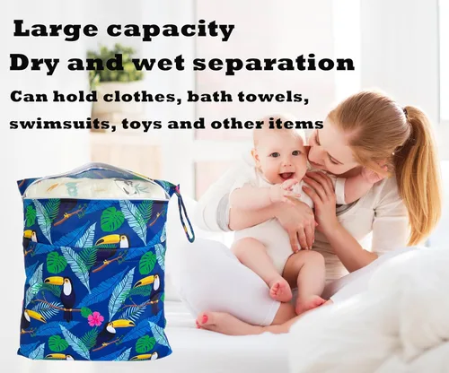 Vista 3 de Bolsa para pañales de tela, 2 bolsas impermeables y reutilizables con bolsillos con cremallera, lavable, reutilizable para viajes, playa, piscina
