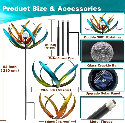 Vista 8 de Molinillo de viento solar grande de 83 pulgadas para exteriores, escultura de flor de tulipán de metal con bola de vidrio LED multicolor, arte